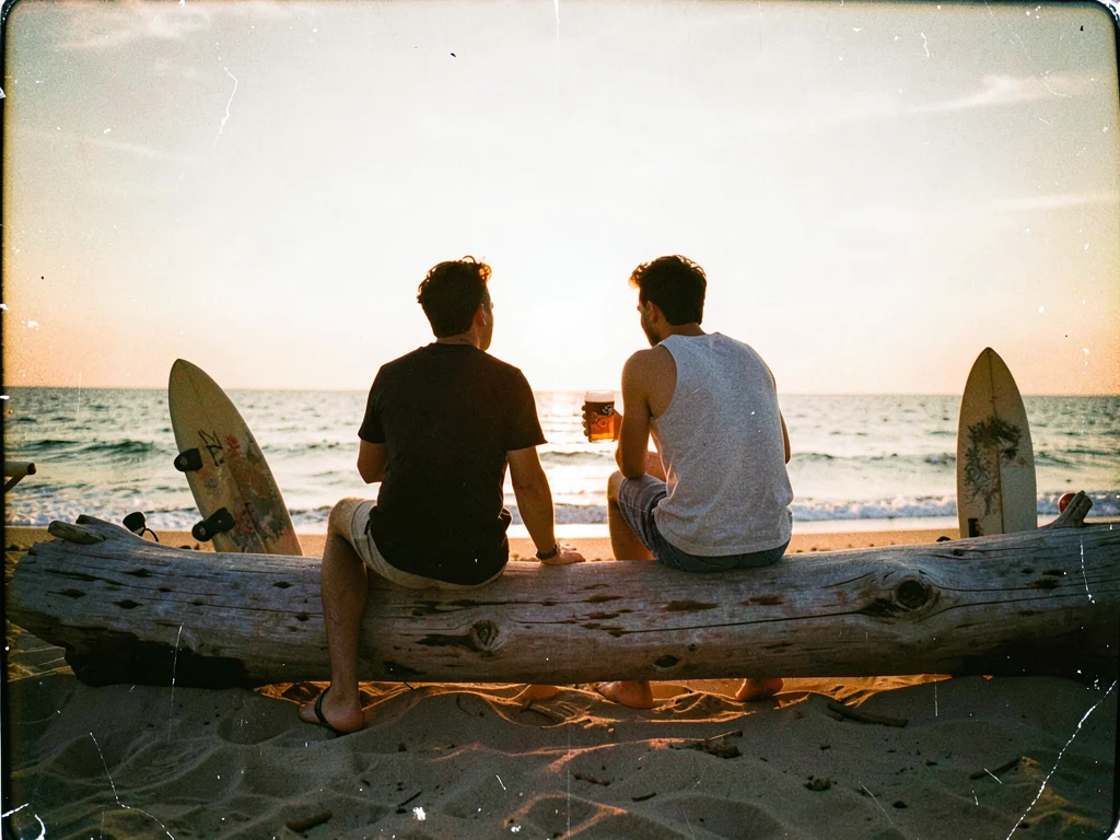 Friends on driftwood watching sunset