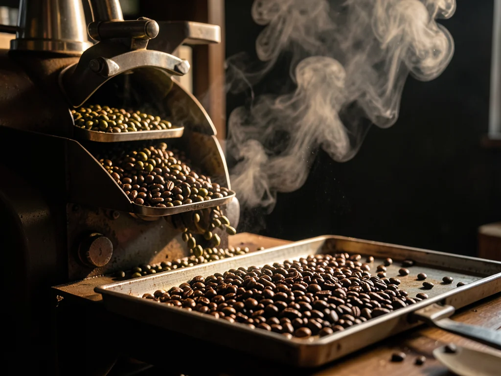 A coffee roaster mid-batch: green beans going in, dark roasted beans cooling on 