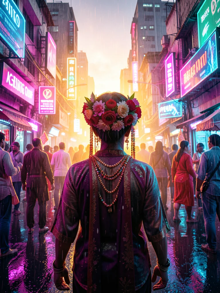 Person with flower crown in festival crowd, golden hour backlight