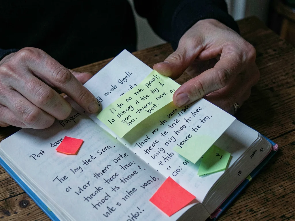 Grieving person finding deceased's sticky note in book, the paper ghost, unexpec