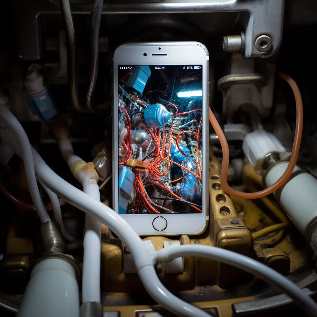 Matthew Barney photo of an iphone inside a motor