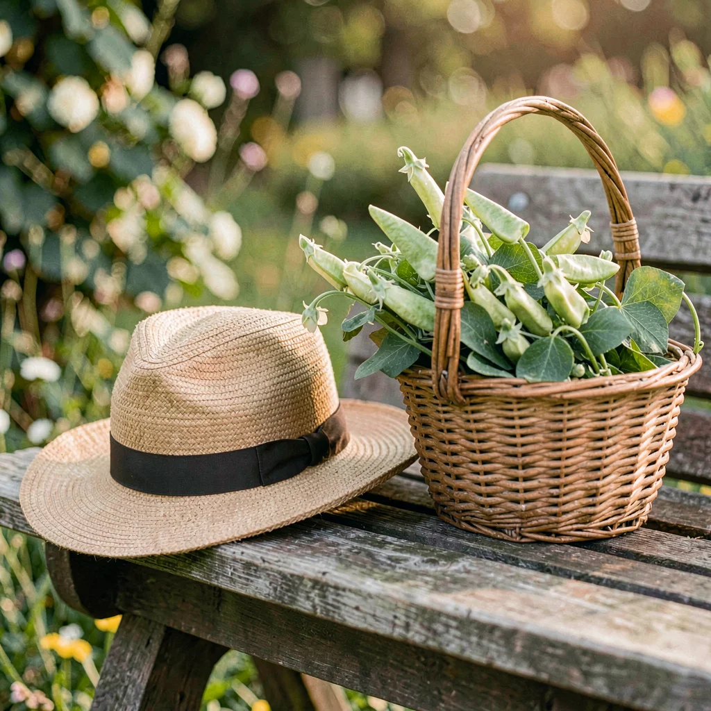 Warm still life of a sun hat resting on a wooden bench beside a basket of cut sw