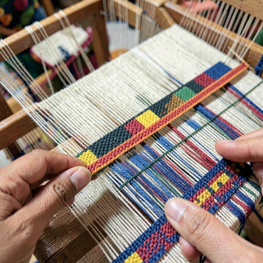 Kumasi kente weaving process, strip loom geometry, Close-up of warp threads crea