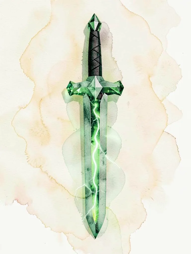 Emerald-glass faceted lowpoly broadsword stood point-down with internal green li