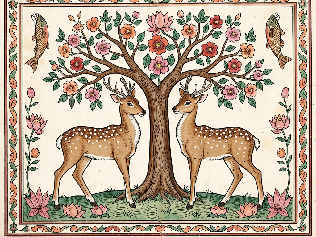 Deer pair beneath a flowering tree — delicate legs, spotted bodies, looking towa