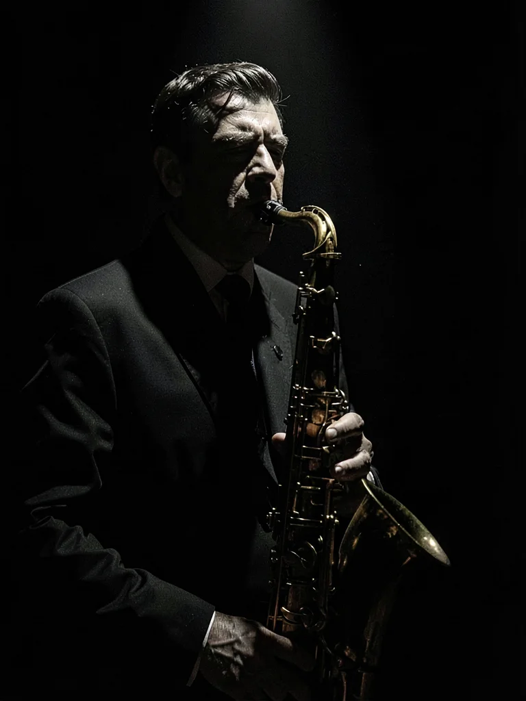 Jazz musician in single spotlight
