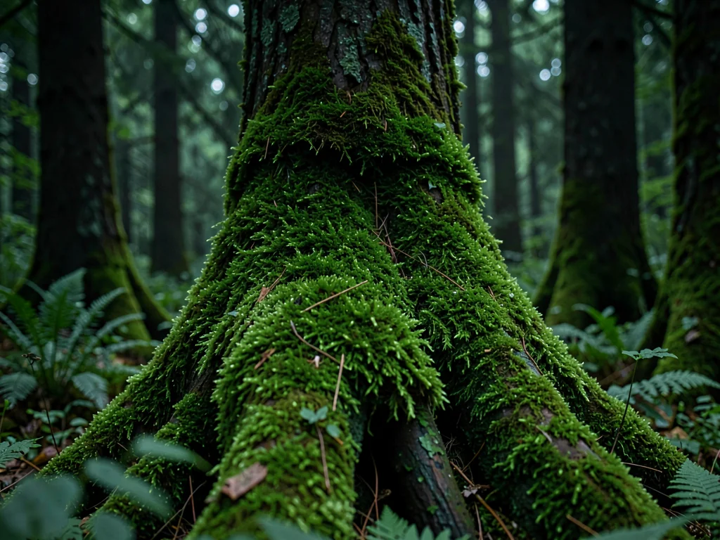 Tree base moss collar in deep forest
