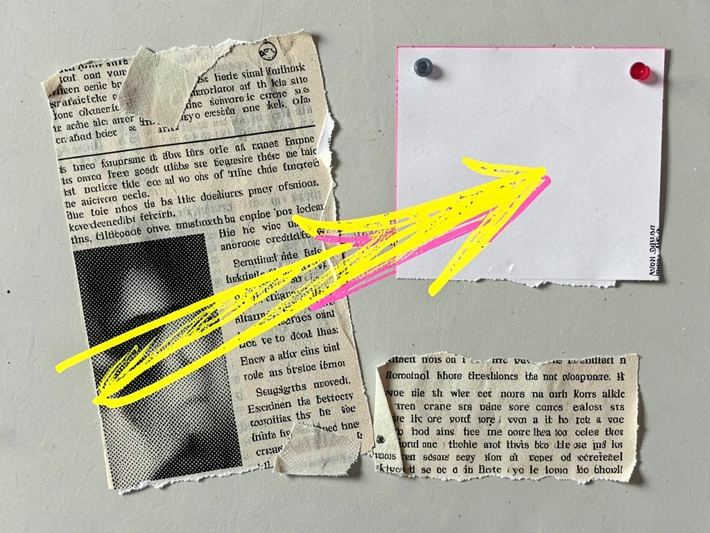 Scribbled fluorescent yellow arrow drawn across torn newsprint points at an empt