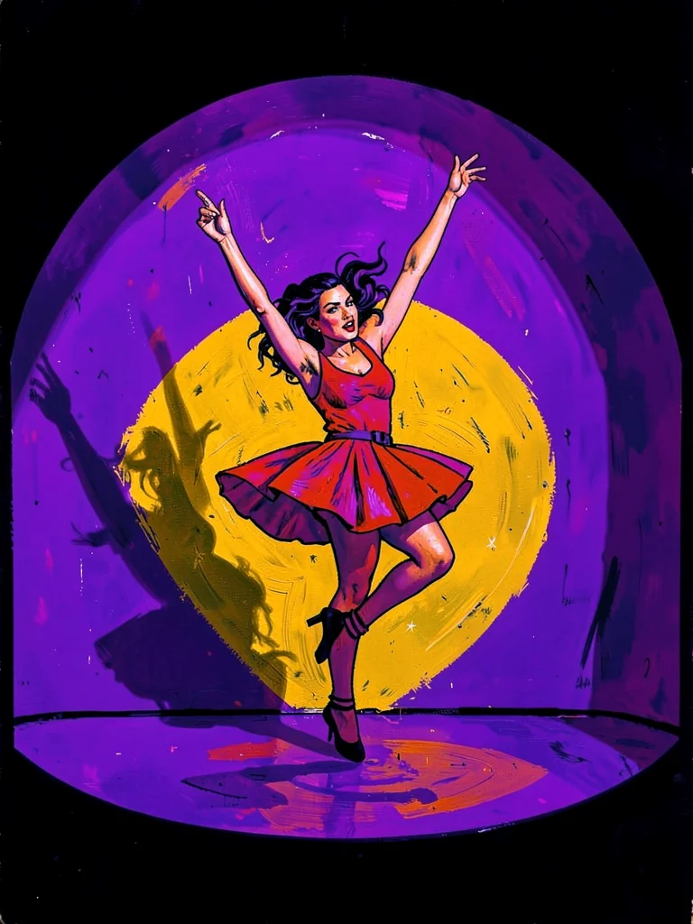 Dancer on a small stage, violet light throwing a cadmium yellow shadow behind he