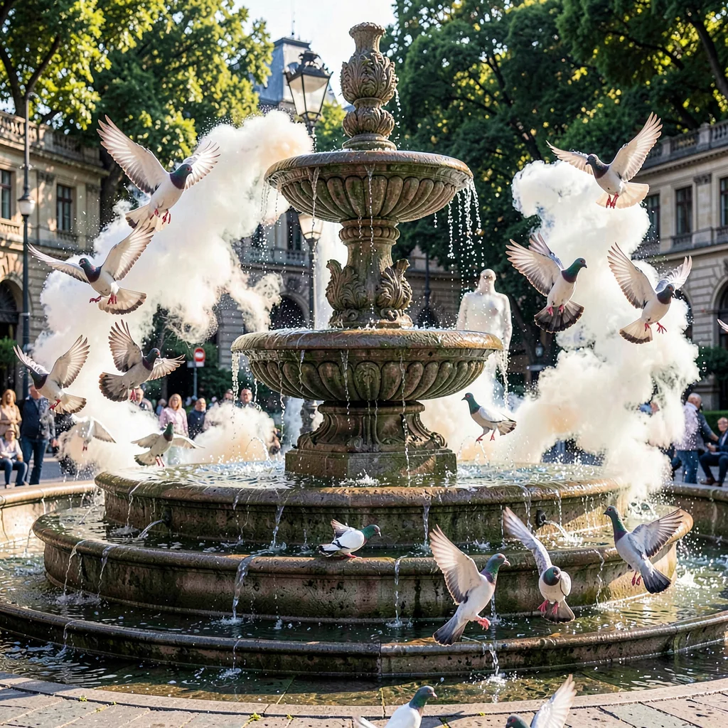 Public fountain, water become silk, pigeons taking flight as slow explosions