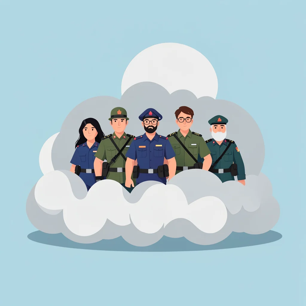 Flat vector banner of the squad emerging from a smoke cloud, flat shapes layered