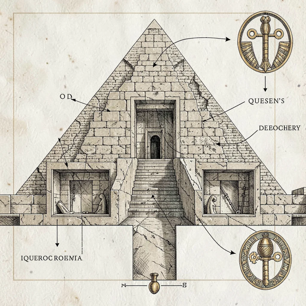 An Egyptian pyramid interior cross-section showing burial chamber, descending pa