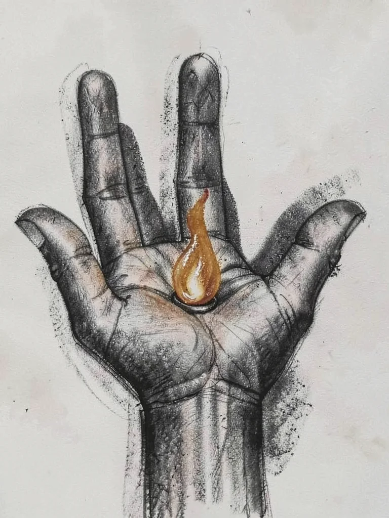 Tall ig-launch charcoal of a single open palm cradling a small ochre flame, smud