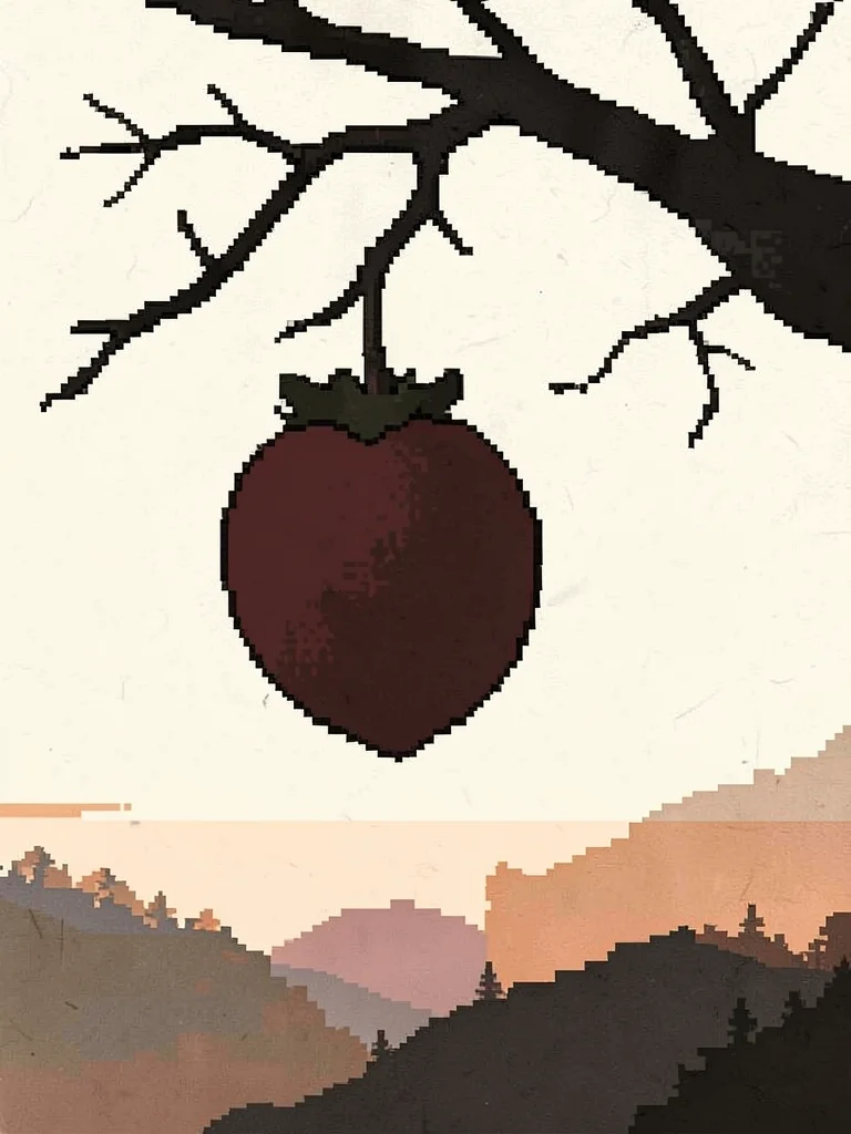 Silhouetted persimmon hanging from a bare branch outlined against a pale washi-p