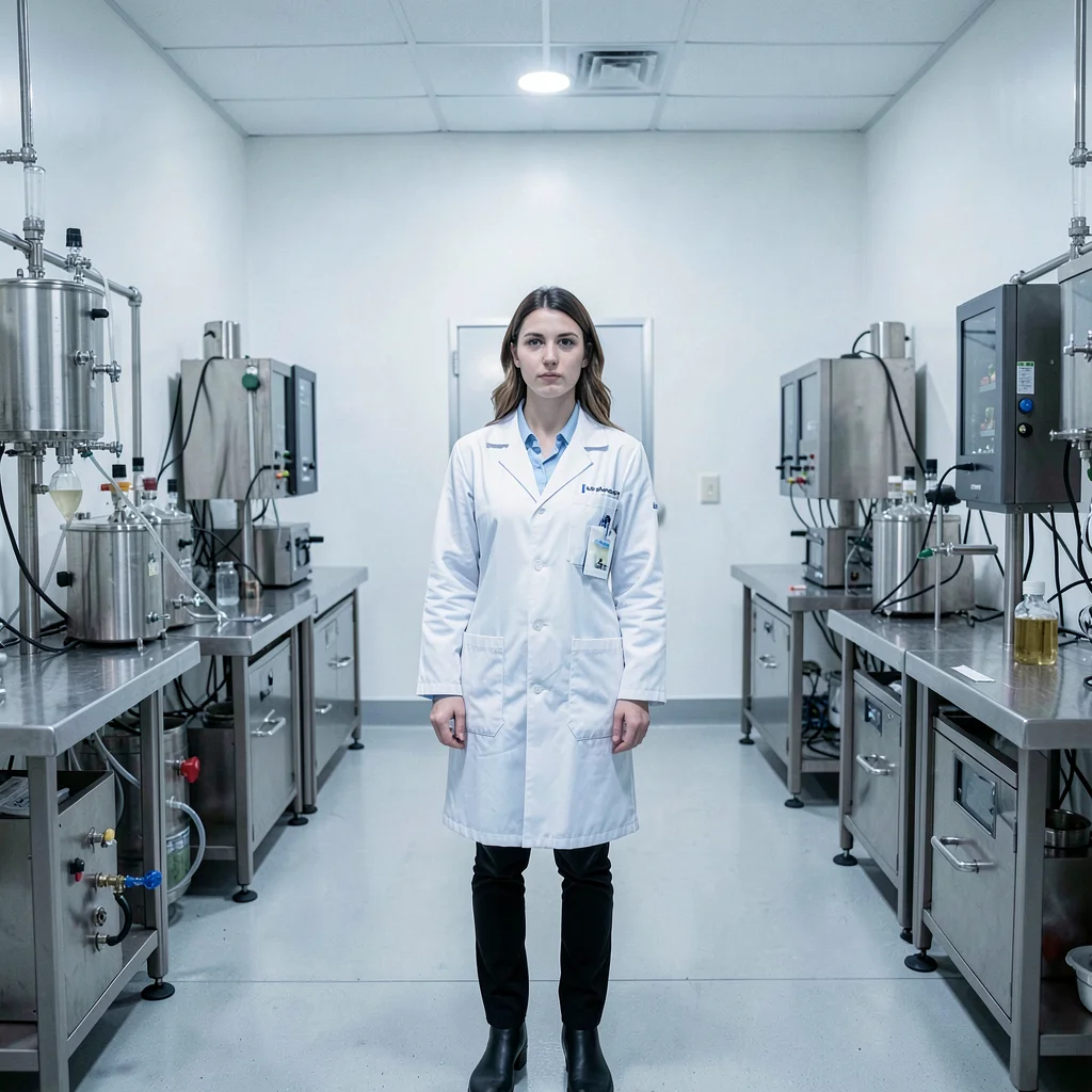 Precise geometric composition, industrial clarity, Portrait of woman in lab coat