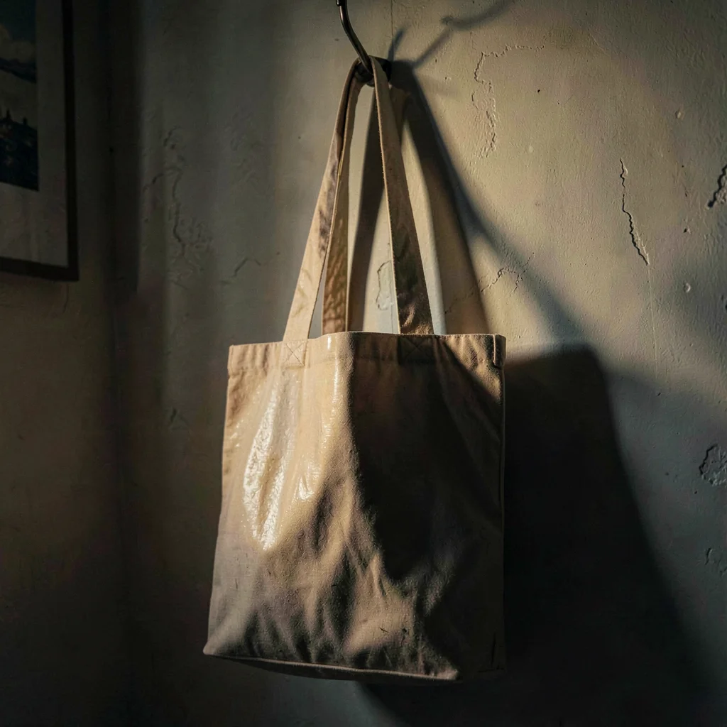 Tall vertical of a finished waxed-canvas tote hanging from a hook, warm side-lig