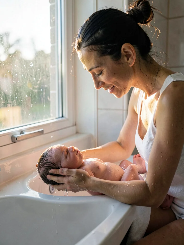 Mother bathing newborn by bathroom window, soft light wrapping around wet skin
