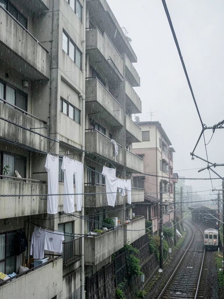 Apartment clotheslines in mist