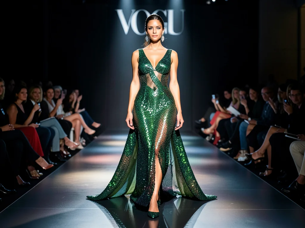 Chameleon on fashion runway, skin matching the runway color, spotlights