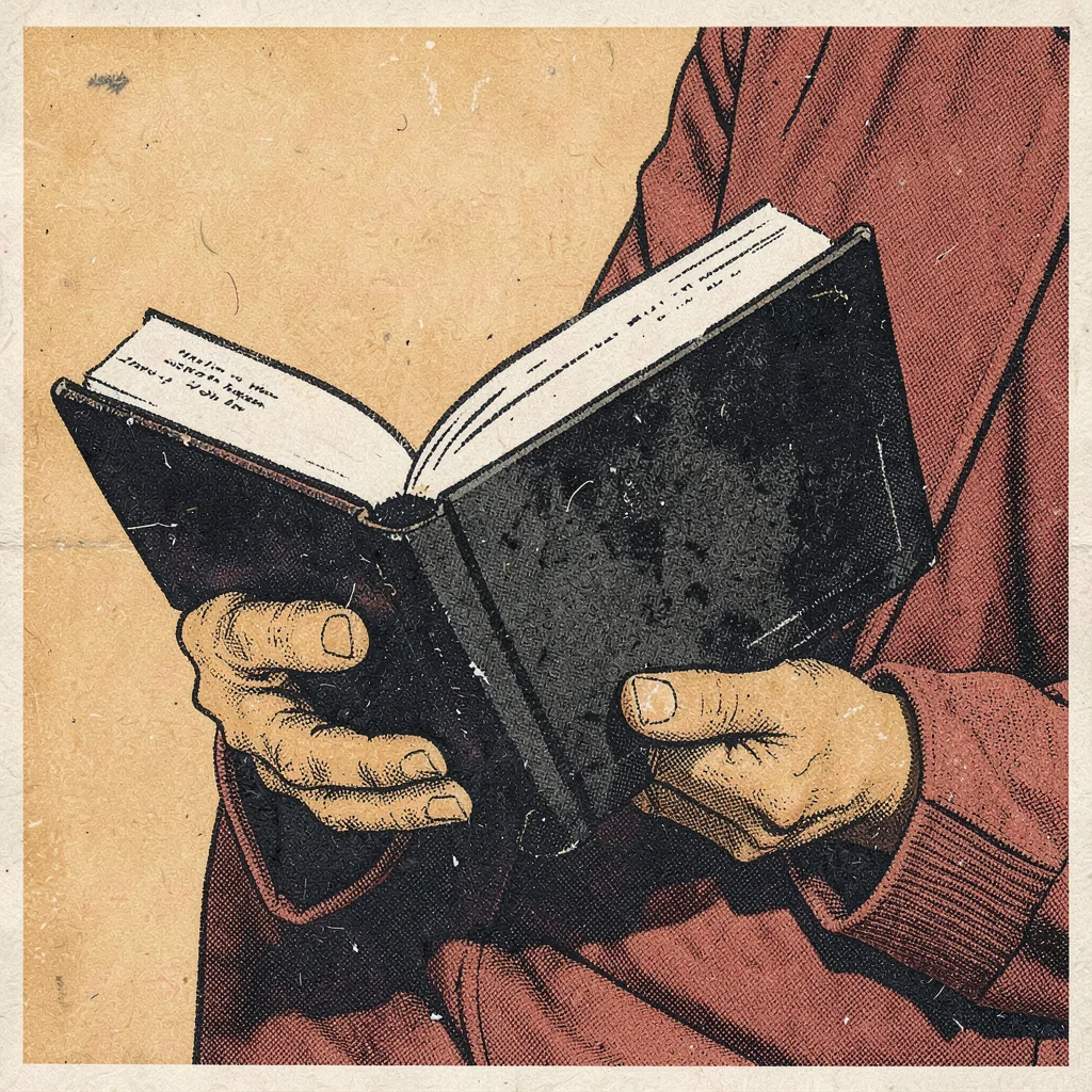 Risograph-style illustration, hands holding book , spot color layer simulation, 