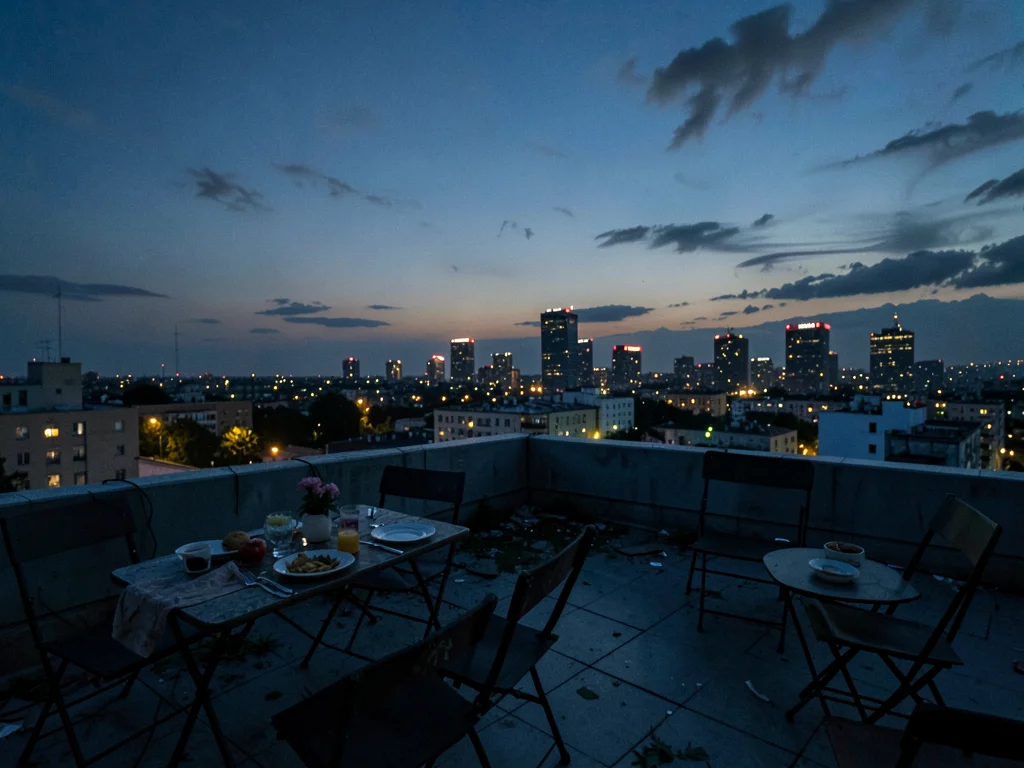 Rooftop with abandoned Sunday brunch setup, city lights beginning to emerge