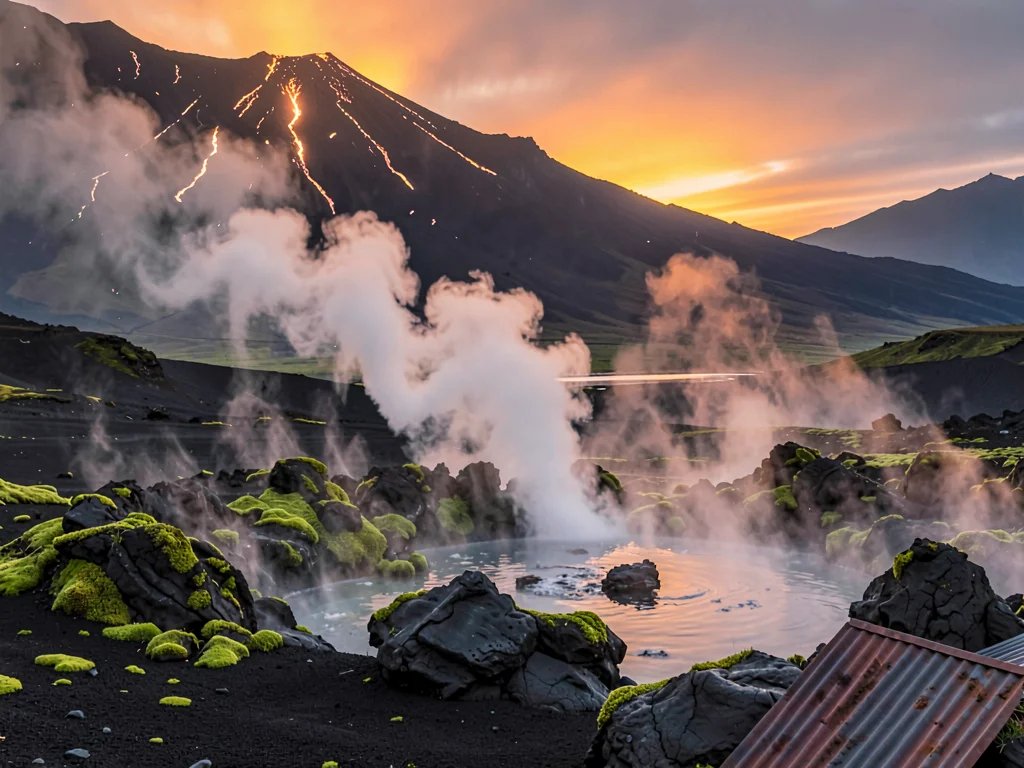 Volcanic otherworldly light in Iceland, steam rising from a hot spring, the mist