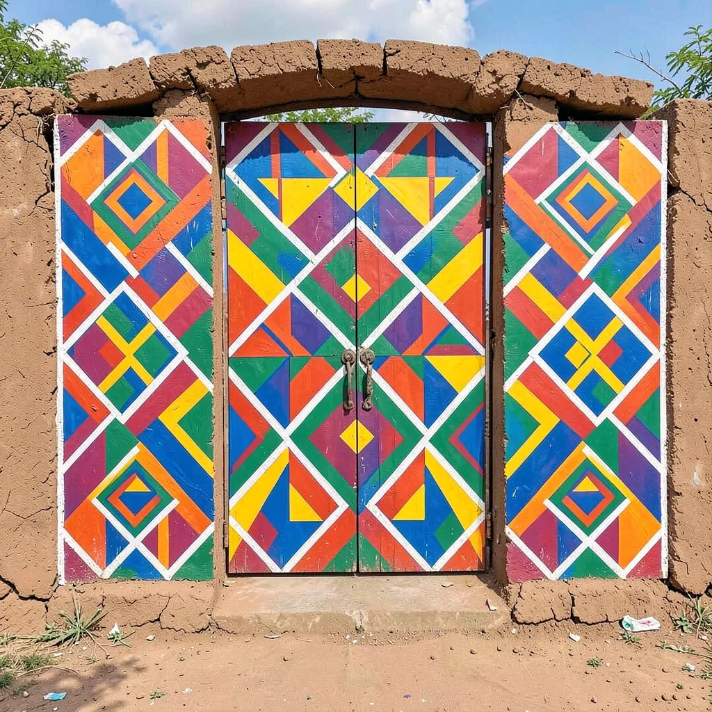 Ground pattern painted at entrance — geometric welcome design on packed earth