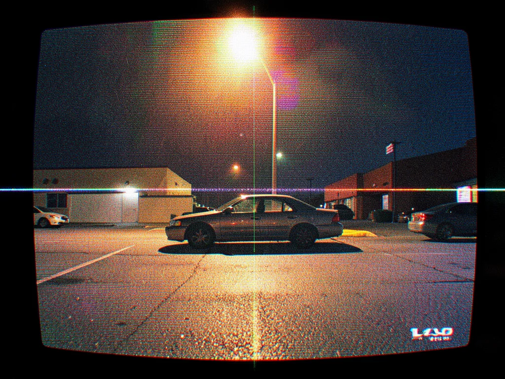 A parking lot with a single car under a flickering streetlight
