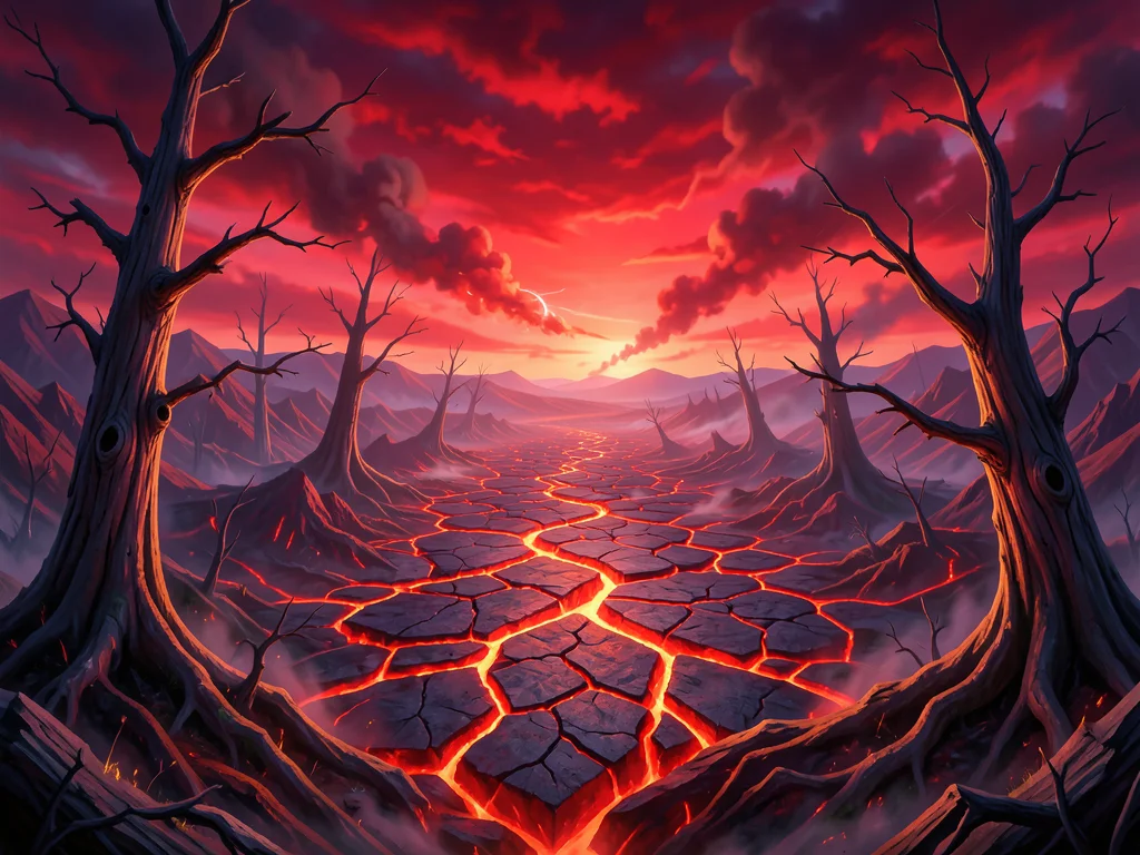 Landscape of anger — volcanic terrain, cracking ground, red sky, violent wind in