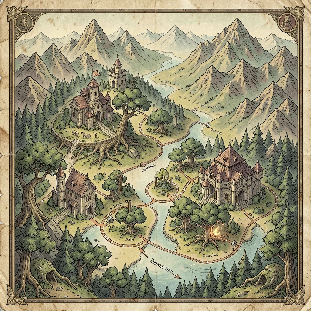 Fantasy map illustration, an elven forest realm map with tree cities, sacred gro