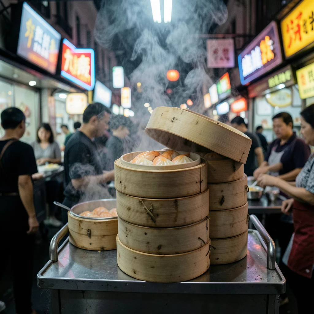 A dim sum cart in Hong Kong, bamboo steamers stacked four high, the lid lifted r