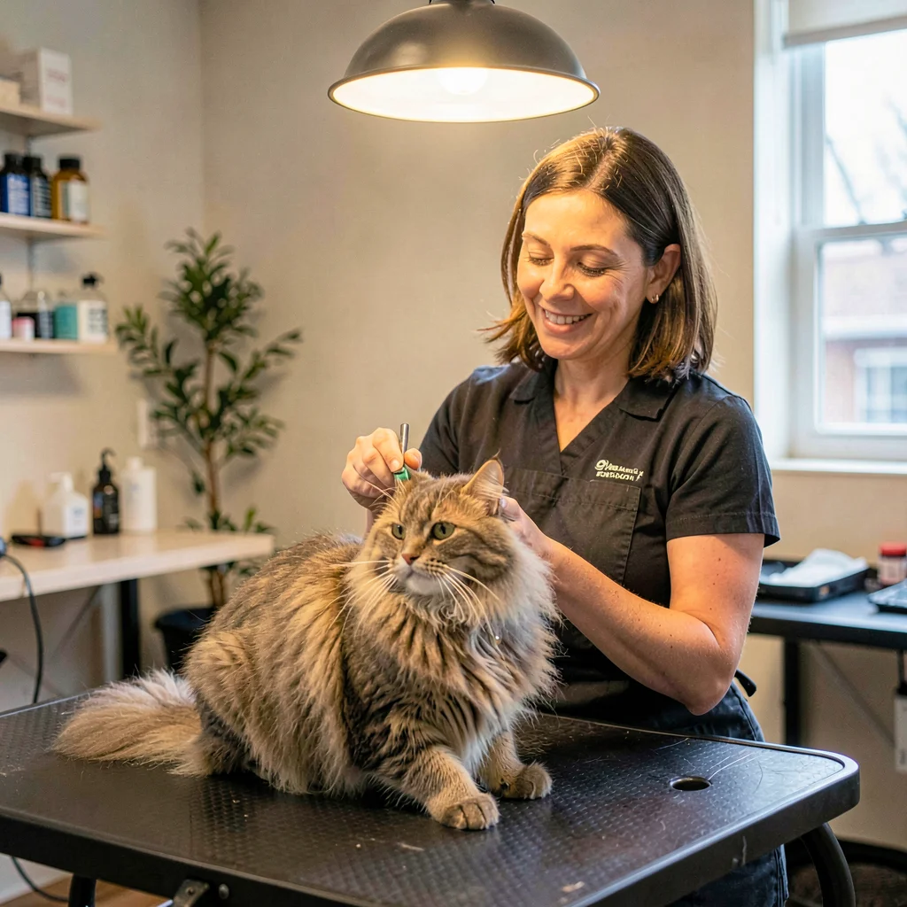 Available-light portrait of a kind-faced staffer brushing a long-haired cat on a