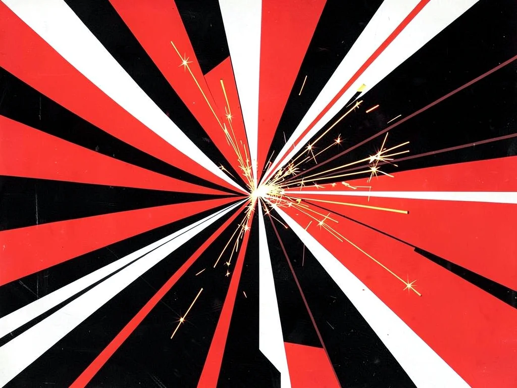Welder's sparks radiating from a figure — geometric rays in red, white, black