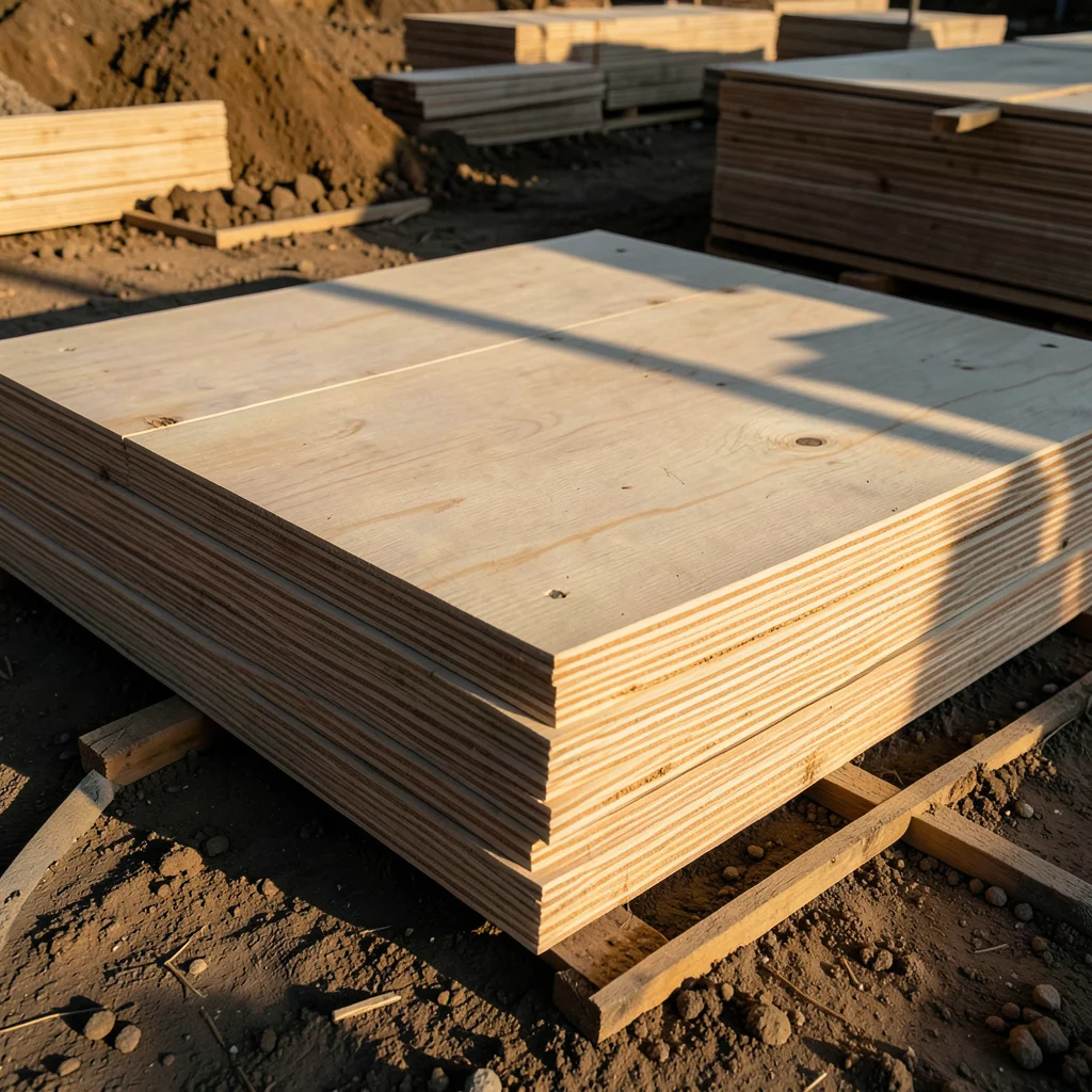 Raw plywood sheets stacked, wood grain and construction yard texture
