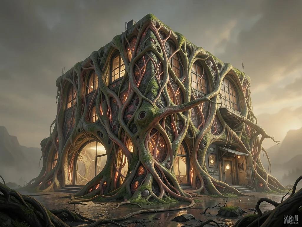 Building that breathes: walls made of living tissue with veins visible, pulsing 