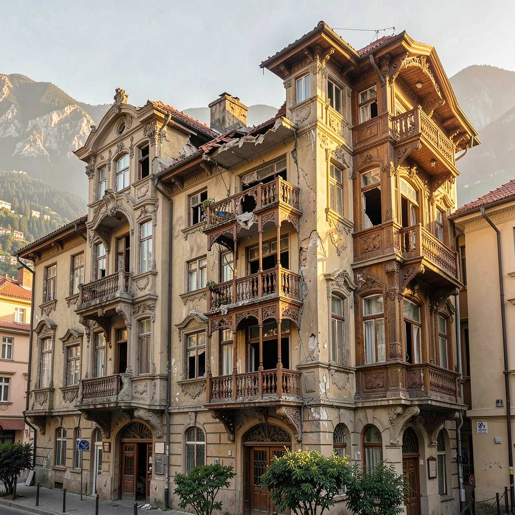 Crumbling Art Nouveau balconies in golden Tbilisi light, three-story Art Nouveau