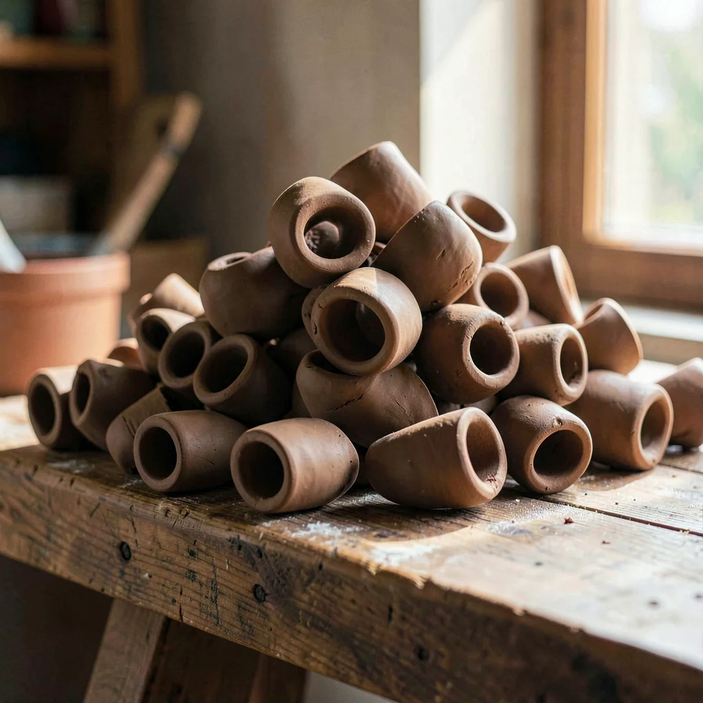 Pile of trimmed clay curls on a wooden bench, raking light