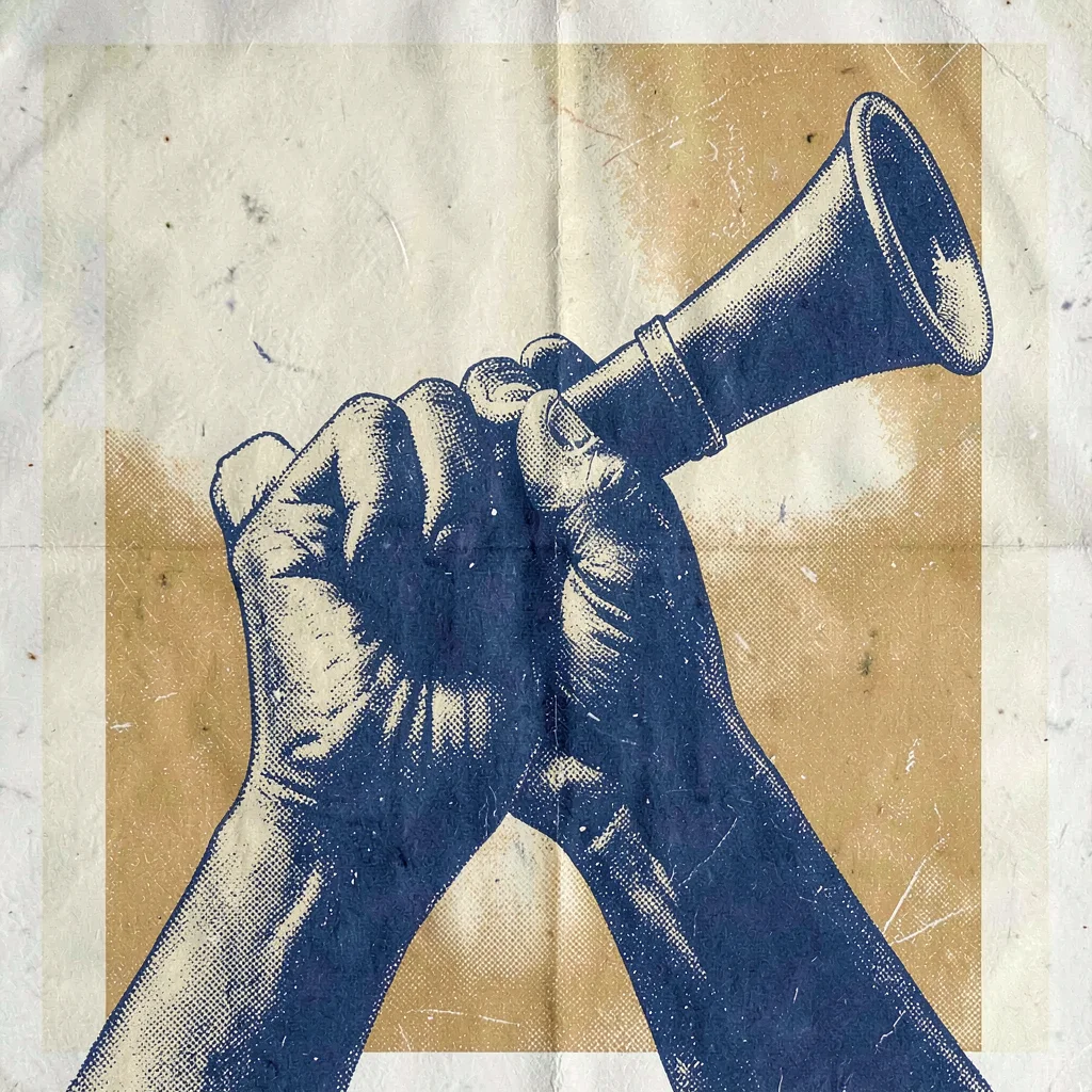 Riso poster motif of halftone hands raising a halftone horn in indigo and ochre,