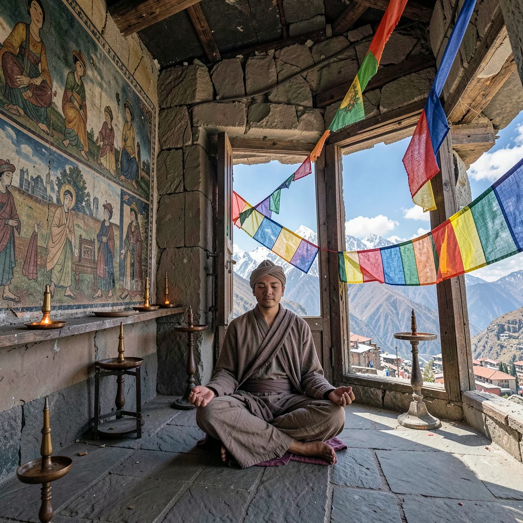 High altitude clarity of Kathmandu, Nepal, Mountain monastery interior, butter l