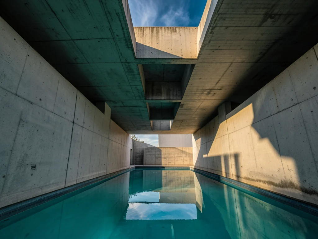 A brutalist swimming pool, board-formed concrete walls, the water reflecting the