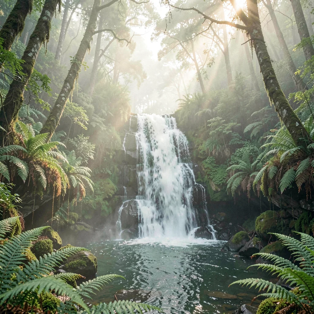A forest waterfall in soft mist at clear morning, ferns dripping along its edge,