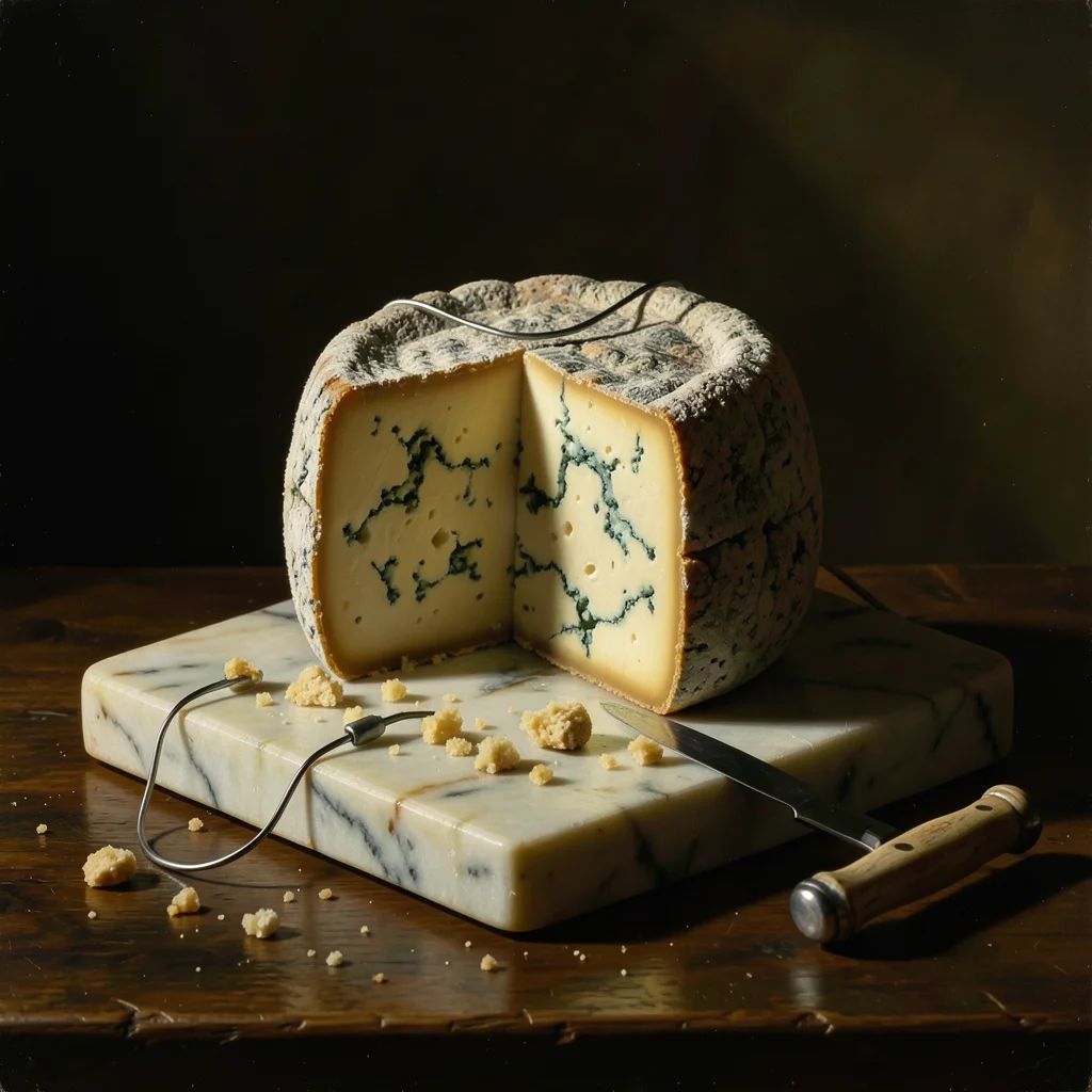A single wheel of aged cheese on a marble slab, cut to reveal the interior paste