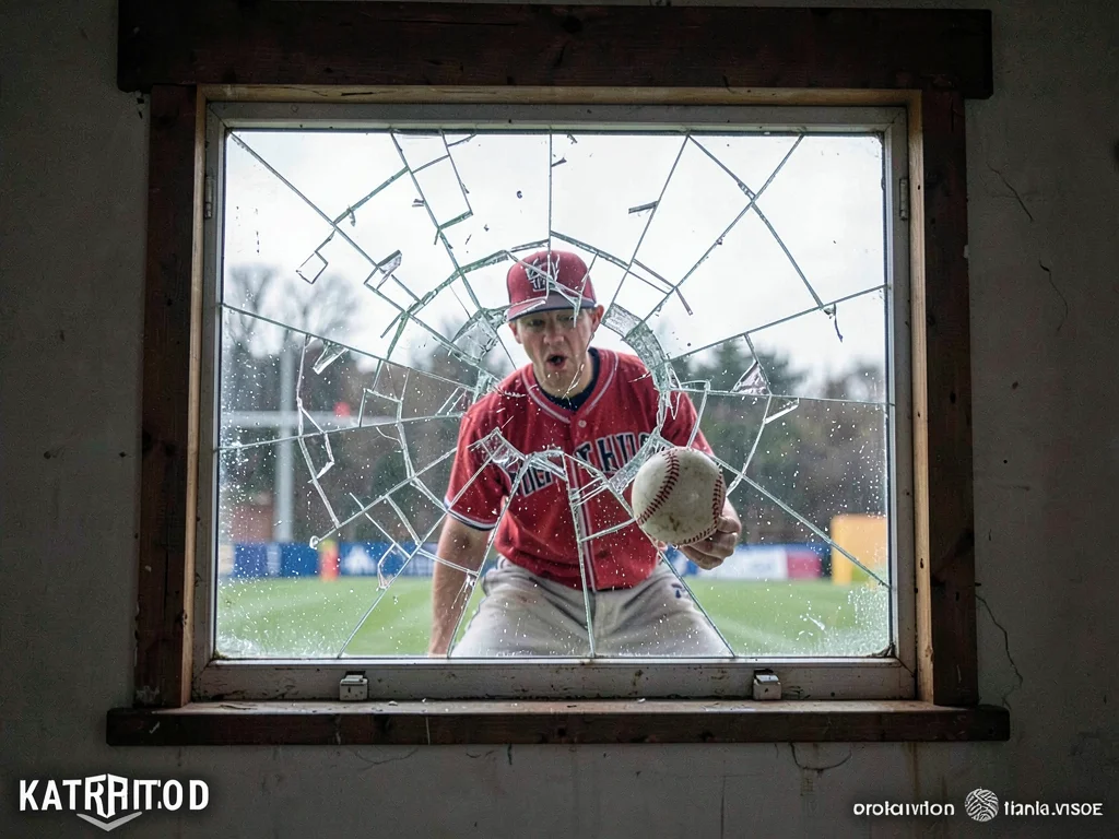 Baseball shattering window, glass fragments suspended in perfect constellation