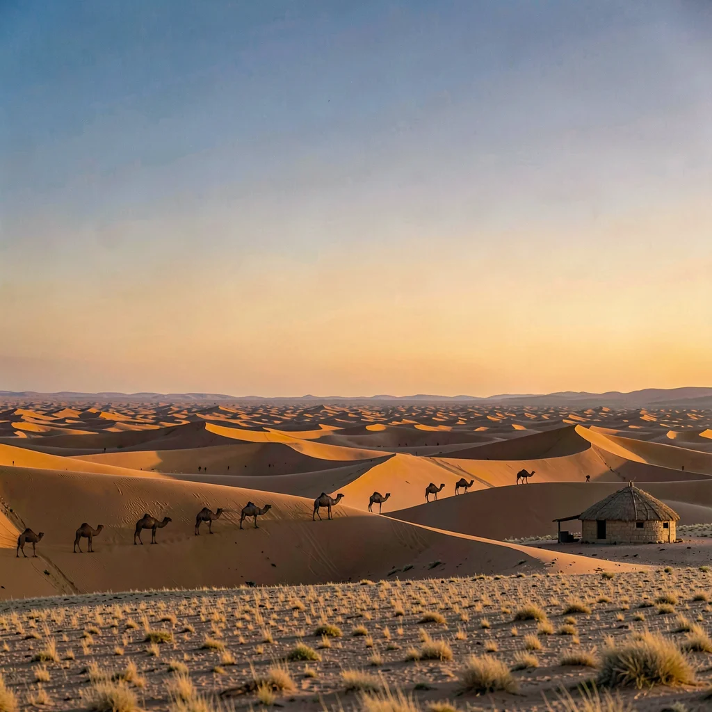 Gobi steppe horizontal, Mongolian vastness, Sunset over sand dunes, perfect hori