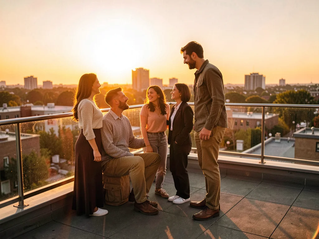 Friends on rooftop at golden hour