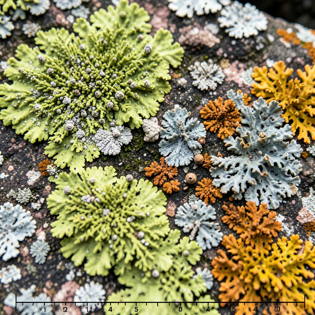 Lichen extreme closeup, individual soredia visible as powdery granules on thallu