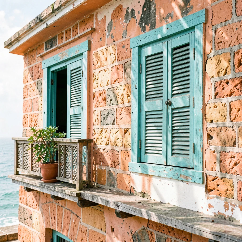 Coastal architecture photograph with Swahili influences, Coral stone building fa