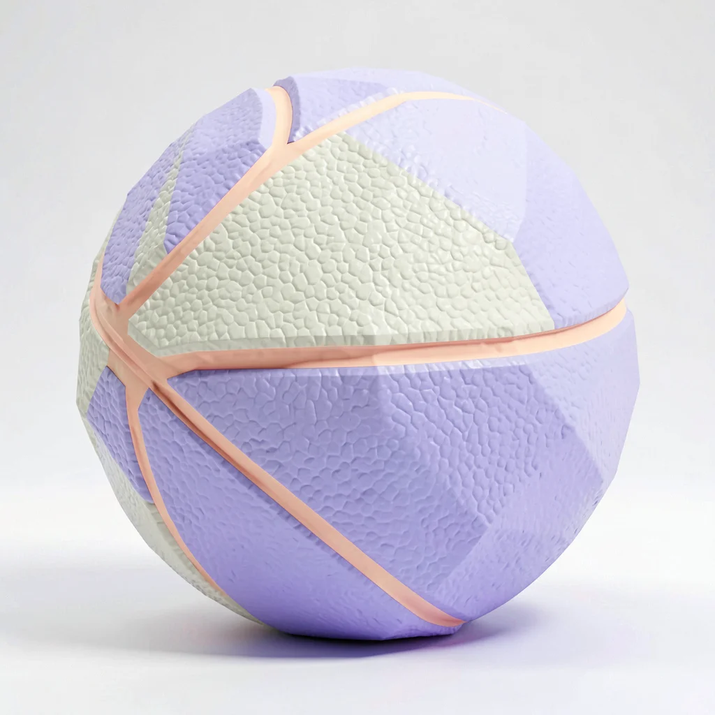 Pebbled cream lowpoly basketball with chunky peach seam ridges and a faceted lav