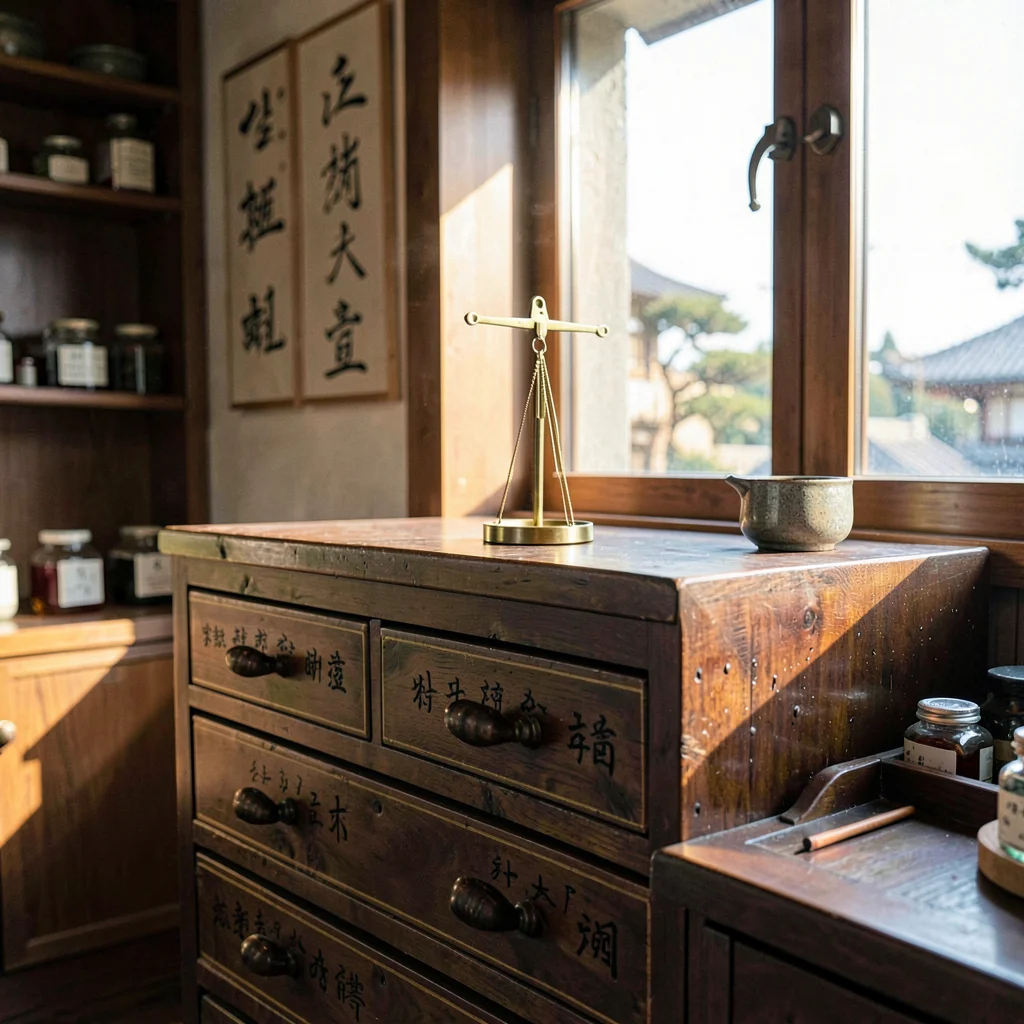 inside a Korean apothecary at clear afternoon, lacquered drawers labelled in cal