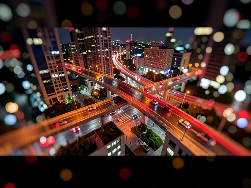 Night tilt-shift photograph from a skyscraper terrace of a downtown interchange,